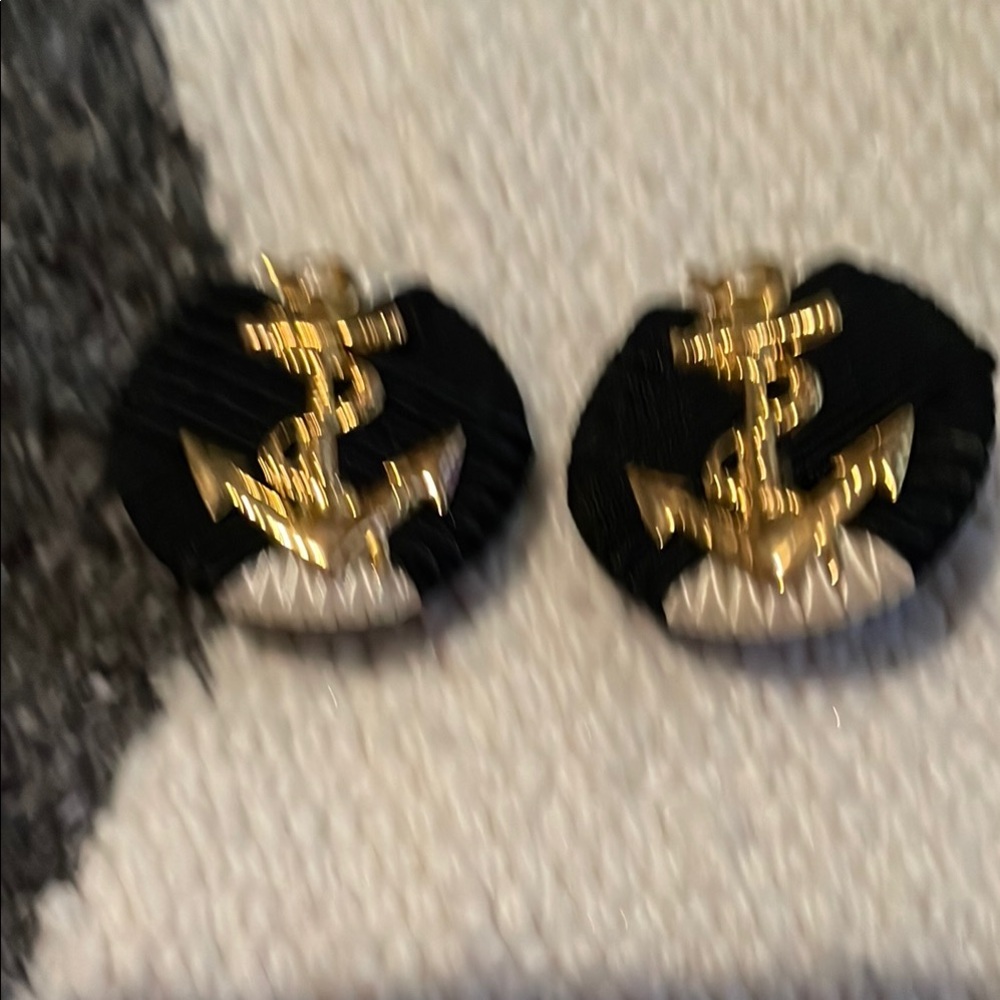 Gold and Navy Blue Nautical Anchor Earrings Vintage